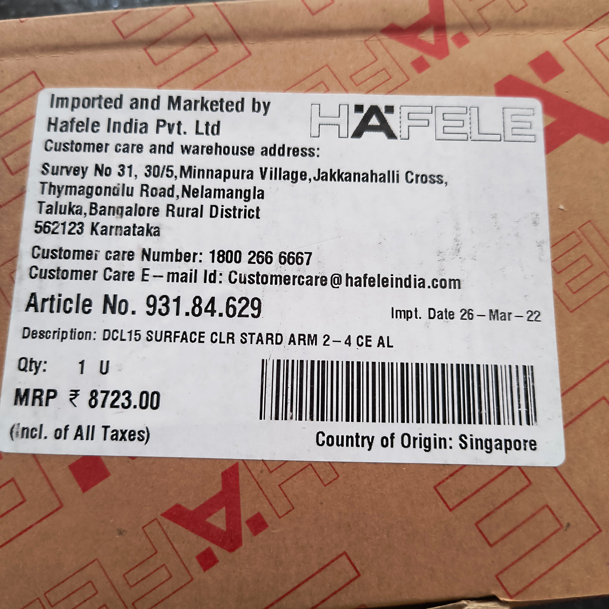 Hafele Door Closer DCL15 Surface CLR Stard Arm 2 - 4 CE AL code 931.84.629