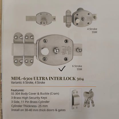 Ultra Interlock Main Door Lock SS 304 Grade Stainless Steel Material and Finish PP